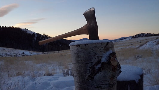 axe, sunrise, split wood, stump, snow, dawn, firewood