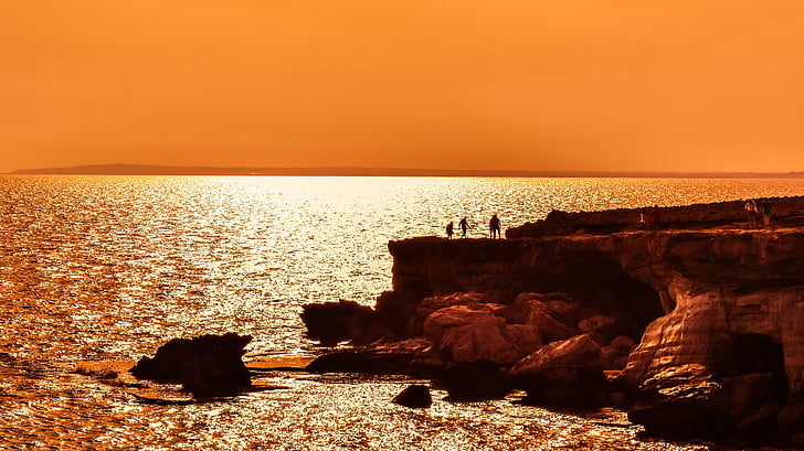 sunset, shadows, sea, silhouettes, evening, dusk, orange