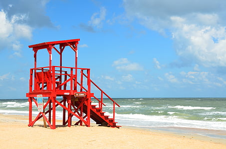 empty, life guard, stand, red, beach, sand, guard