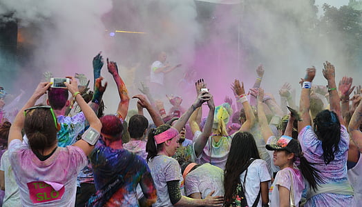 color ejecutar festivales, personas, colorido, gracioso, celebración, ejecutar, feliz