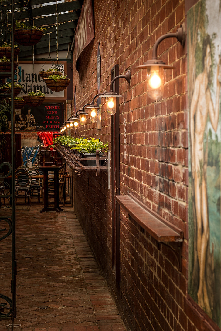 Lane, lys, gammeldags, murstensvæg, vægmaleri, planter, gaden restaurant