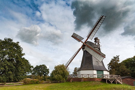 windmill, worpswede, lower saxony, sky, train, seemed, nature