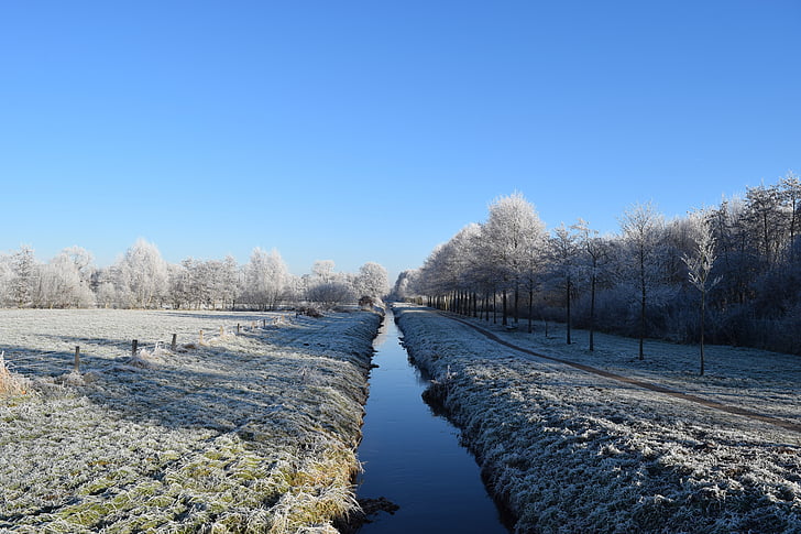 Delmenhorst, Anne graven, winter, Frost, rijm, hemel, blauw