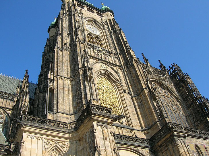 sct vitus cathedral, arhiteture, clock tower, building, detail, prague, sightseeing