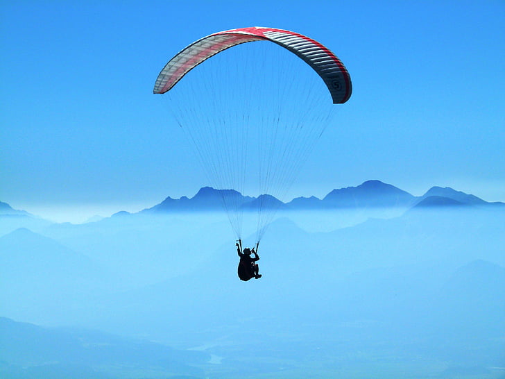man, sky, beside, Glacier, Mountains, In The Morning, Paragliding