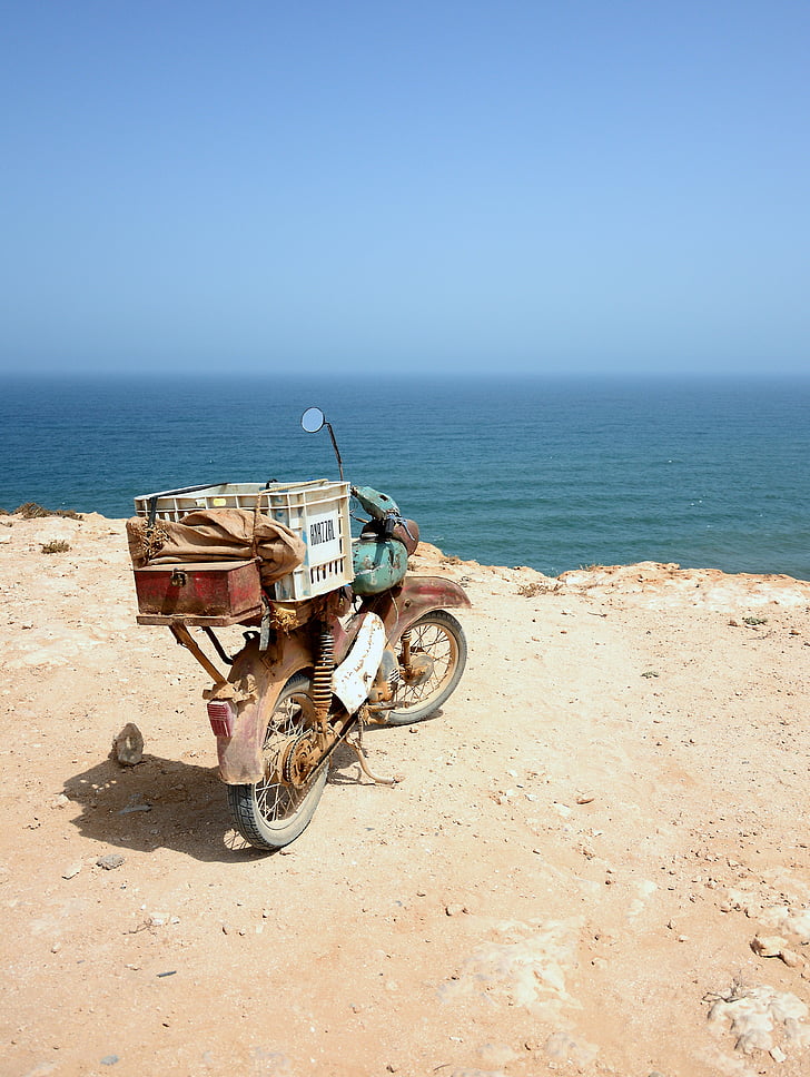 vintage, motorcycle, moped, beach, sea, morocco, former