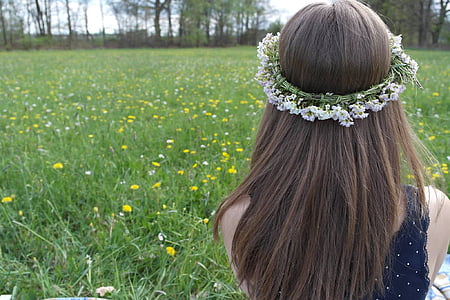 girl, one, wreath, hair, head, meadow