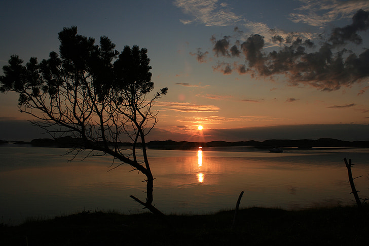 pôr do sol, árvore, mar, silhueta, Calma, silêncio, Noruega