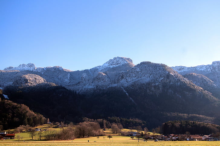 landscape, view, mountains, kampenwand, mountain peak, snow, blue white