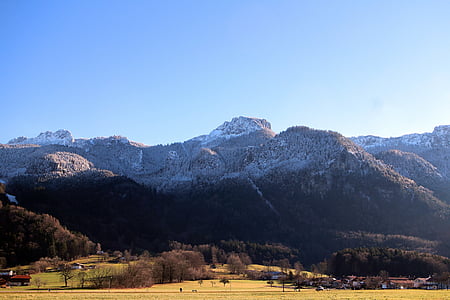 Landschaft, Blick, Berge, Kampenwand, Bergspitze, Schnee, blau weiß