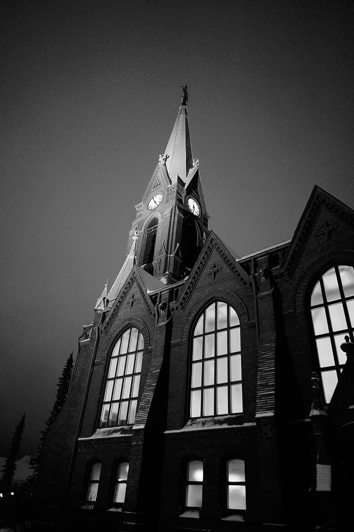 church, steeple, church window, b w photo, finnish, mikkeli