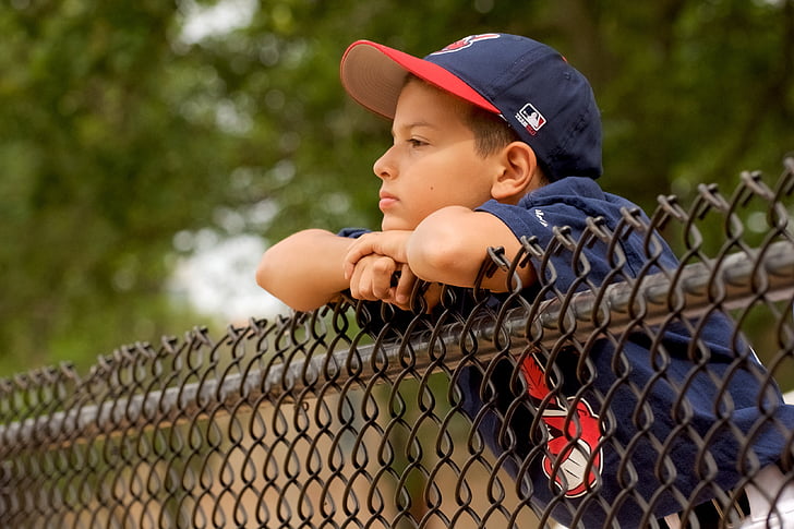baseball, clôture, Cleveland, Parc, garçon, enfant, en attente