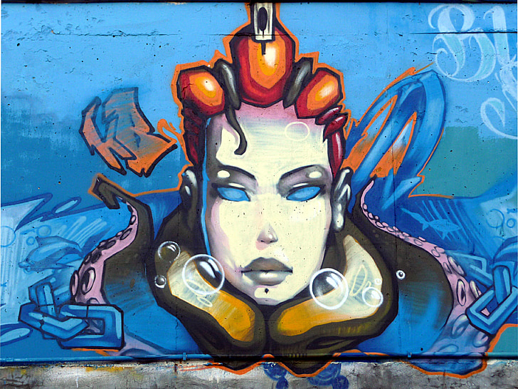 grafiti, žena, vode, more, ulična umjetnost, plava, bijeli