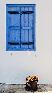 venster, houten, oude, het platform, traditionele, blauw, bloempot