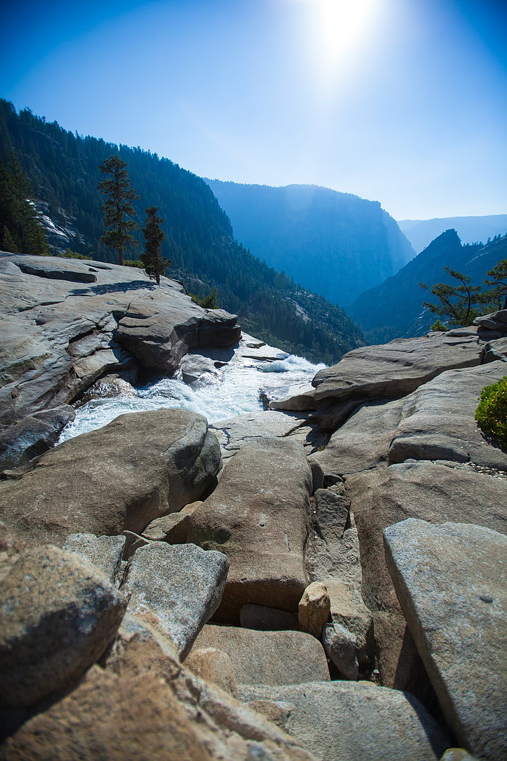 Yosemite, montanhas, floresta, Cachoeira, montanha, céu, Cordilheira