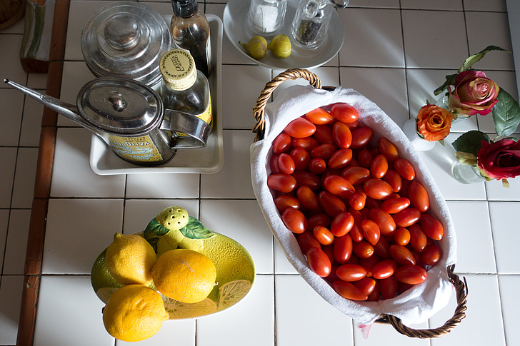 lemon, olive oil, jug, tomato, eggs tomato, basket, salt