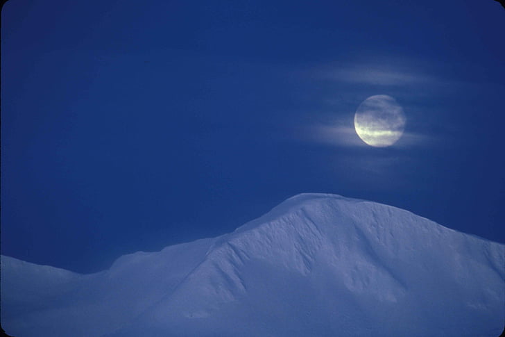 Луна изгрев, планини, сняг, пейзаж, вечерта, здрач, нощ