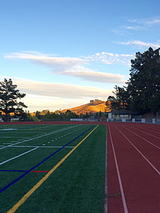 track and field, sunset, athletic field, field, track, race, path
