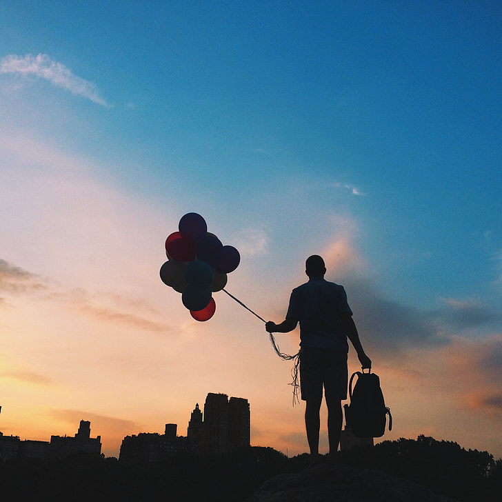silhouette, balloons, sunrise, person, sky, colorful, sunset