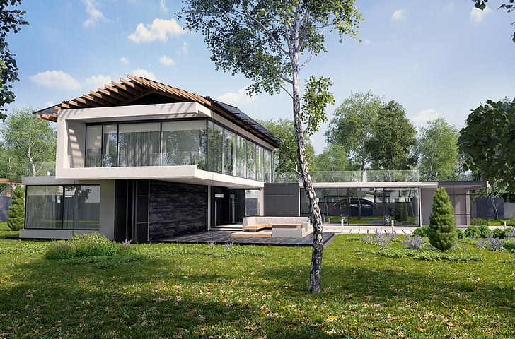 project, exterior, summer, tree, birch, house, villa