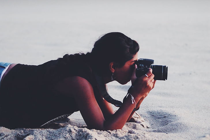 카메라, 소녀, 야외에서, 사람, 사진 작가, 모래, 촬영 사진