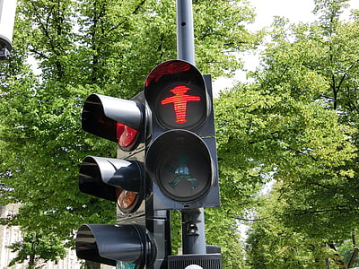 little green man, males, red, traffic lights, trees, green, footbridge