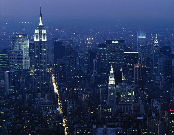 New york, Manhattan, nacht, rijk staat, gebouw, het platform, wolkenkrabber