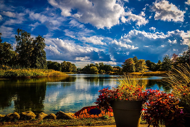 nuvole, cielo, paesaggio, acqua, albero, nube - cielo, Lago