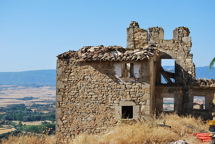 berg, ruïnes, Huesca, mensen