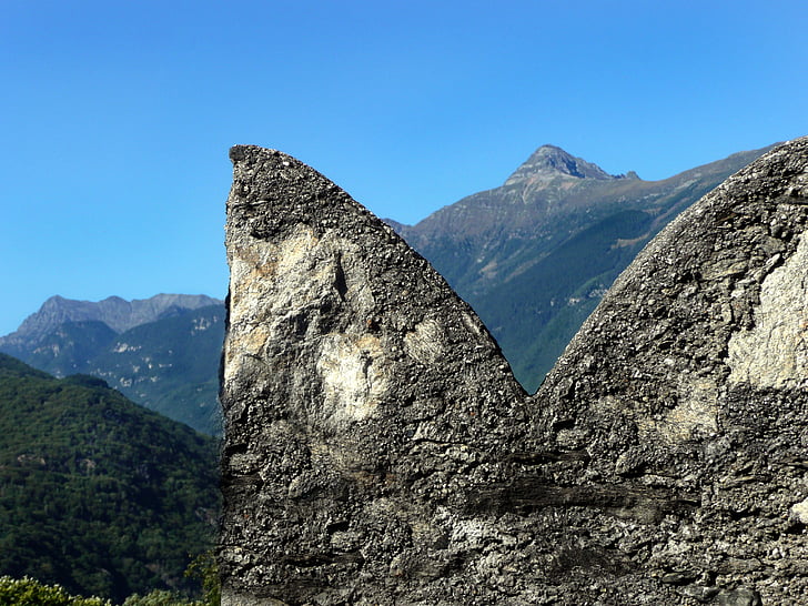 erődítmény, Castelgrande, merlons neve, Bellinzona, Ticino, Sassari ente, hegy csúcs