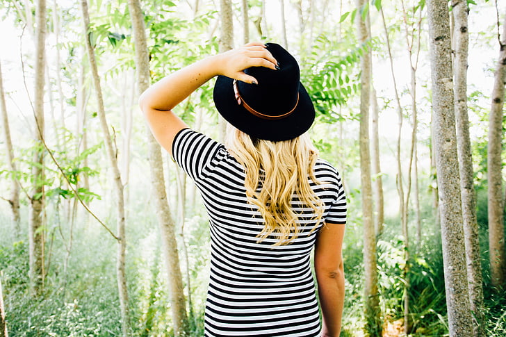 back, forest, girl, hat, lady, trees, woman