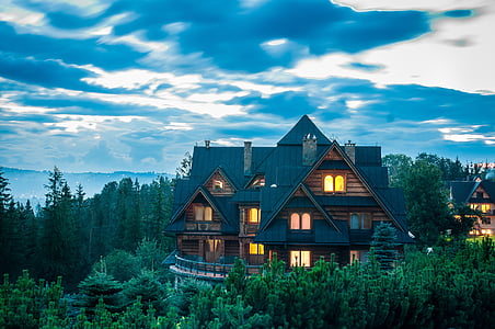 Cottage, enterrés, maison, montagnes, Chalet en bois, photographie de nuit, à l’extérieur