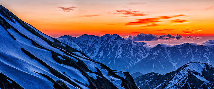 al capvespre, neu, 毛勝 tres, zona nord dels alps, Japó, posta de sol, natura