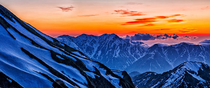 al crepuscolo, neve, 毛勝 tre, Alpi del Nord, Giappone, tramonto, natura