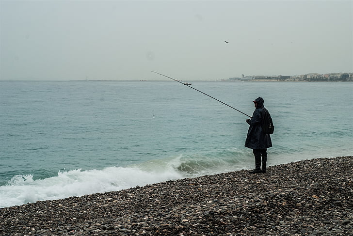 siluets, vīrietis, zveja, krasta, dienas, zvejnieks, pludmale