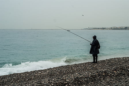 silueta, om, pescuit, mal, în timpul zilei, pescar, plajă