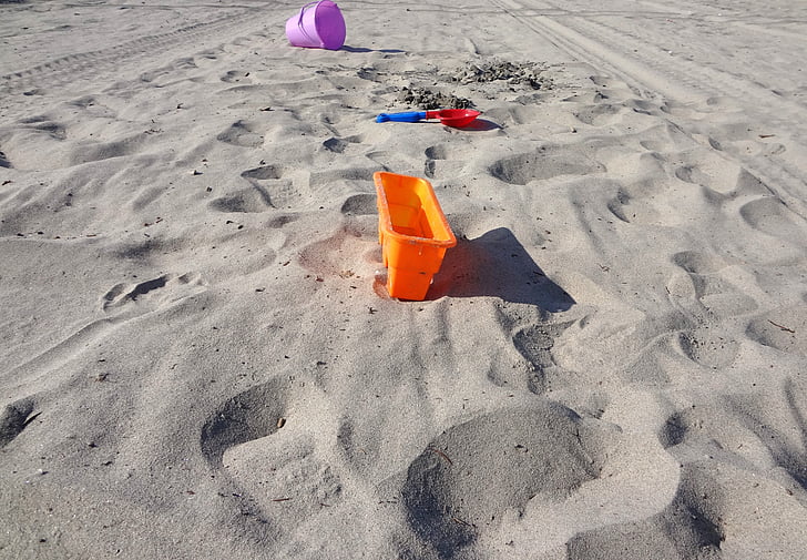 brinquedos, areia, praia, balde, balde, pá, escavação