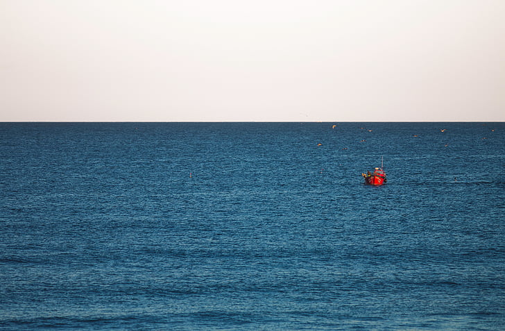 red, boat, middle, sea, ocean, horizon, blue