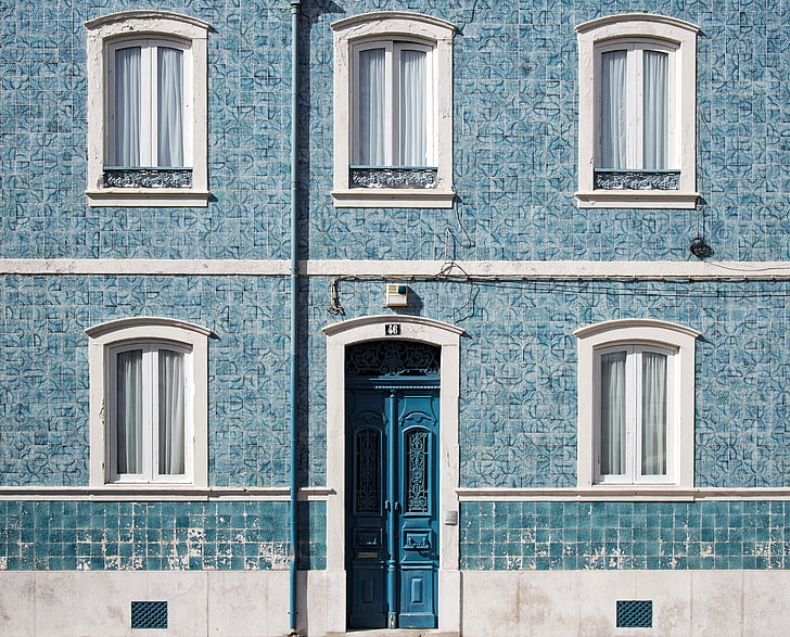 foto, zila, balta, stāvu, māja, ēka, Mozaīka