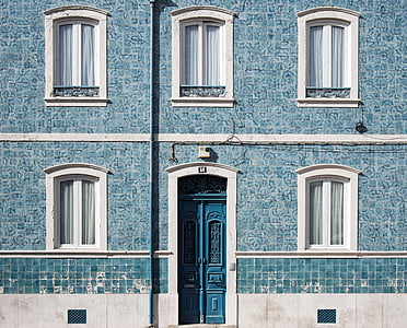 foto, zila, balta, stāvu, māja, ēka, Mozaīka