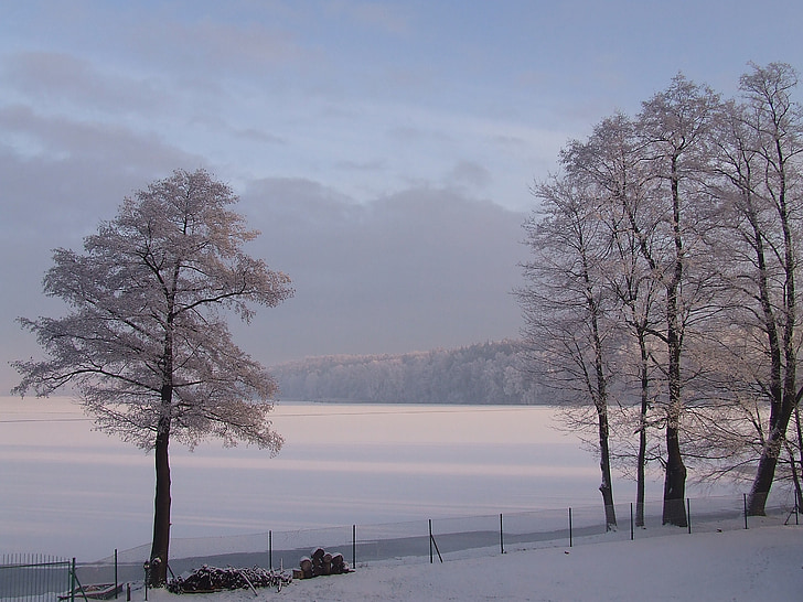 Zimní, sníh, zamrzlé jezero, Mrągowo, soumrak