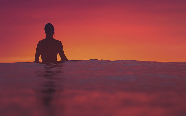 siluett, person, stående, Ocean, solnedgång, havet, vatten