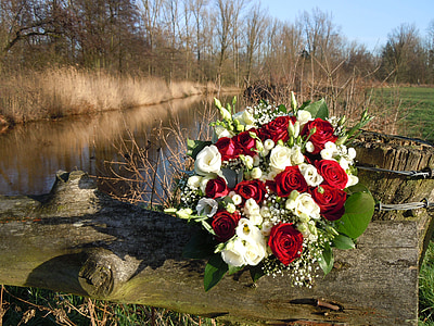 wedding bouquet, flower, roses, red, white, river, old fence