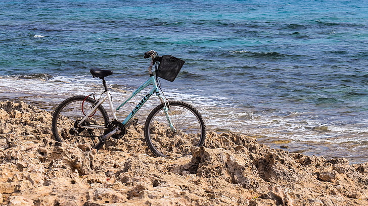 bicycle, rocky coast, sea, nature, adventure, leisure, vacations