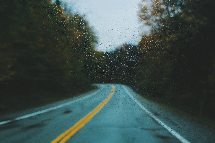 asfalt, borrosa, carretera, l'aigua, finestra, mullat, el camí a seguir