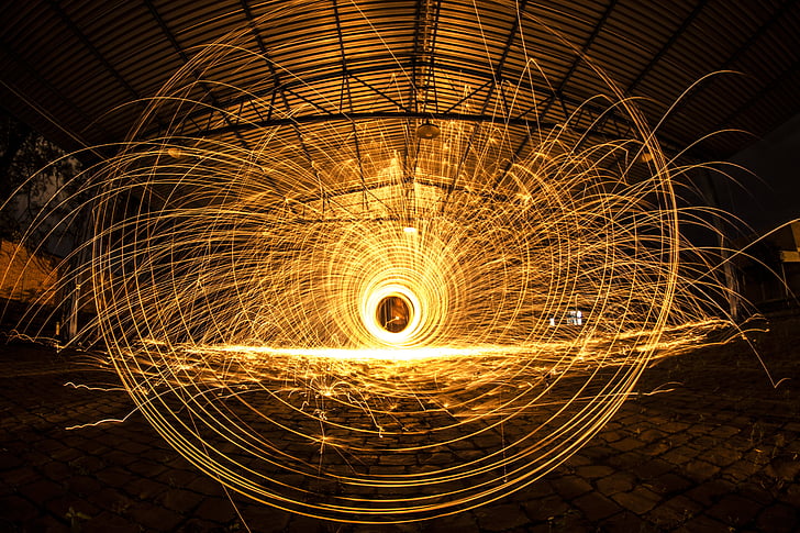 construction, fire, factory, long-exposure, sparks, circle, night