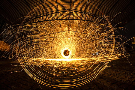 construction, fire, factory, long-exposure, sparks, circle, night