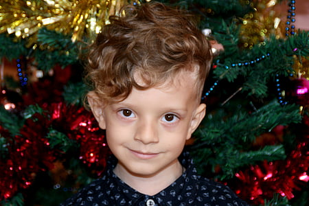 chlapec, Vianoce, dekorácie, dieťa, Vianočný strom, veselá, kaukazského etnika