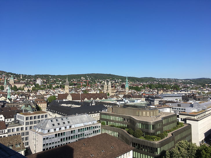 Zürich, torony, Münster, utca-és városrészlet, Grossmünster, panorámás, épületek