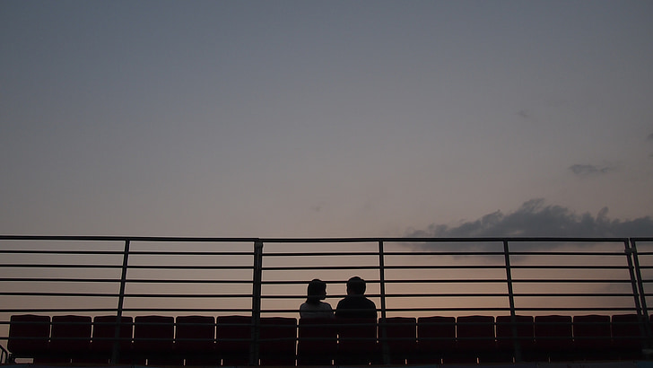 couples, character, male, woman, lovers, sunset, railing